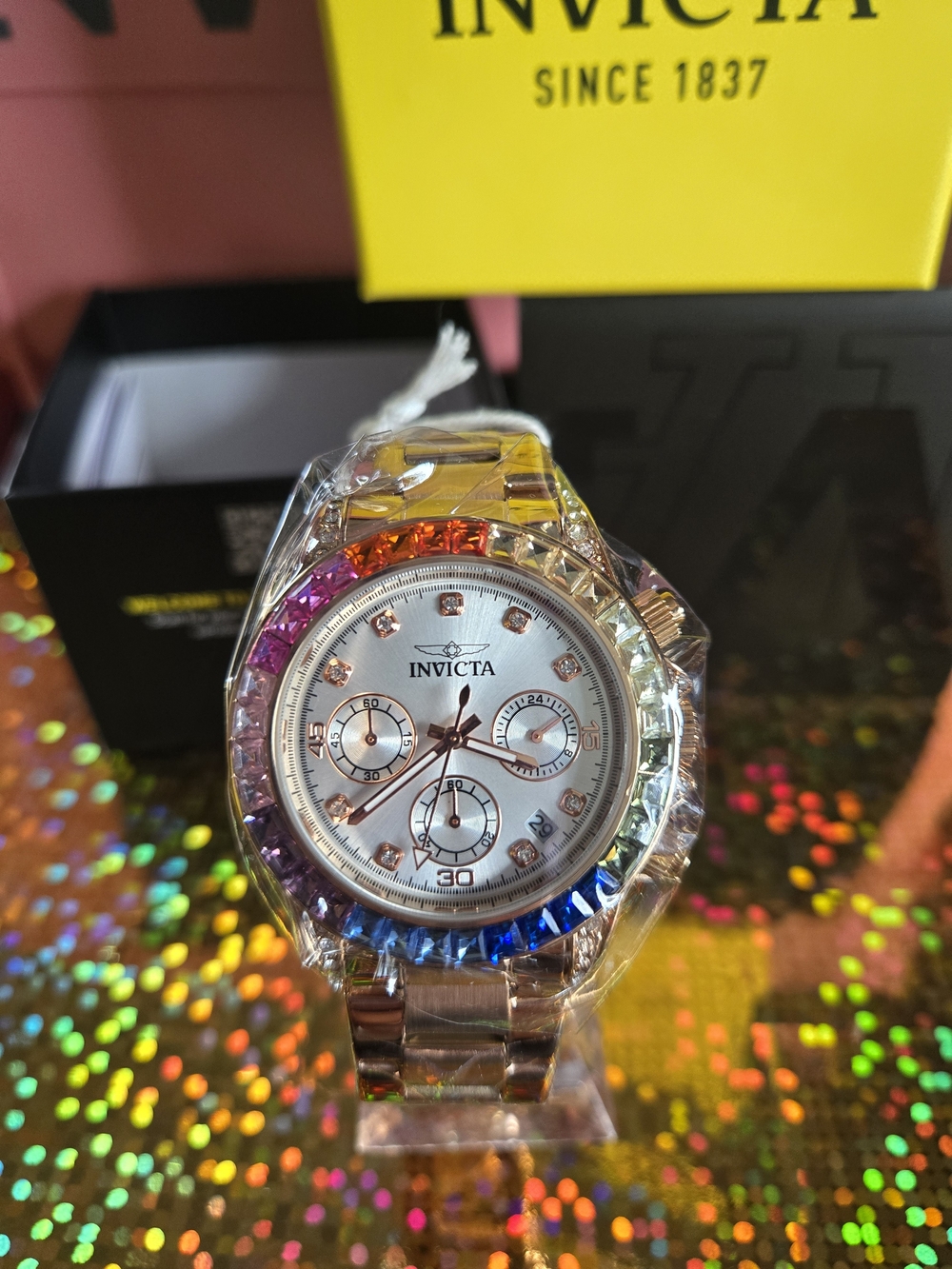 70313 Invicta Angel Lady 42mm Rose Gold Rainbow Crystals Bezel SD-007 Quartz